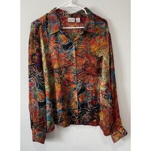 Chico’s SILK Blend Size L Buttondown blouse Multicolor abstract blouse Artsy